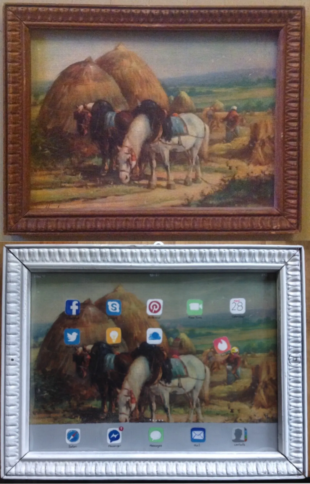 Diptyque avant-après : peinture champêtre recouverte d'icônes d'applications