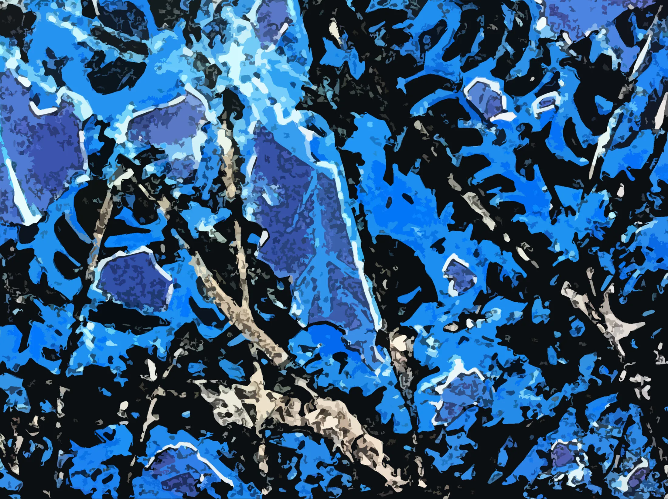 Œuvre numérique abstraite : mosaïque dense de bleus et de noirs parcourue de nervures claires